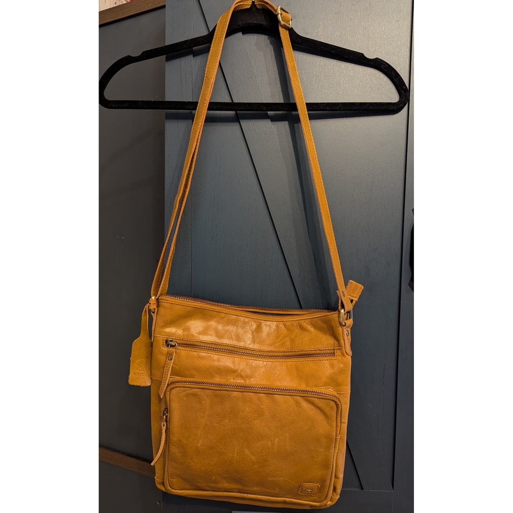 Wise Owl Tan Leather Crossbody Bag Multi Pocket Organizer Adjustable Strap